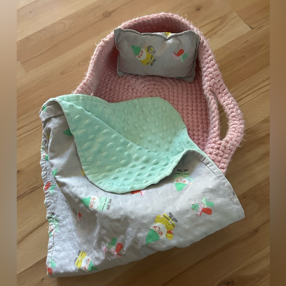 Handmade Baby Doll Carrier with Matching Pillow & Minky Blanket x 2